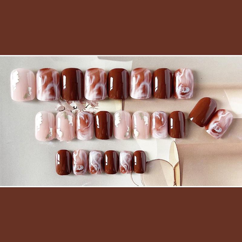 Набор искусственных ногтей с мраморным дизайном с клеем Bananahall 24 шт. LK13473 Коричневый (A9749)