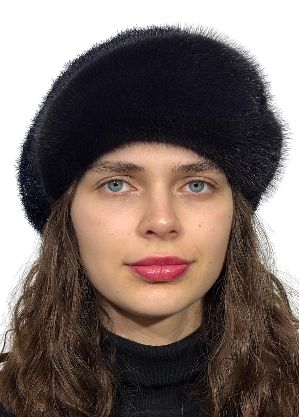 Берет женский зимний Меховой стиль Восьмиклинка с натуральной цельной норкой Баклажан (133/G/1)