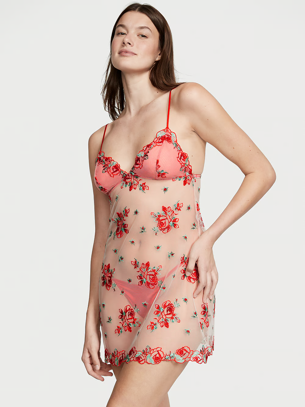 Сукня для сну жіноча Victoria's Secret Floral Embroidery Sheer Mesh Slip мереживна у квіти XS Бежевий (21176326)