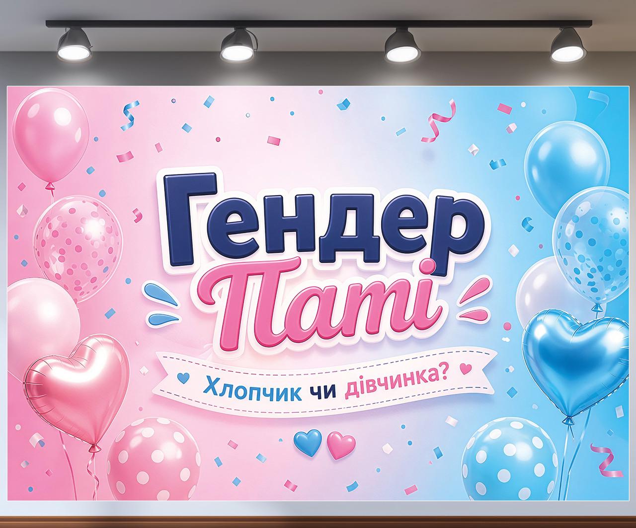 Баннер для фотозоны Гендер Пати Мальчик или девочка с розовыми и синими шариками 180x120см, №48826