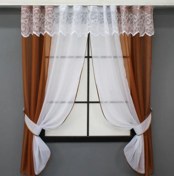 Комплект штор на кухню/балкон с ламбрекеном 270х170 см Терракотовый/Белый (090к) Комплект штор на кухню/балкон с ламбрекеном 270х170 см Терракотовый/Белый (090к)