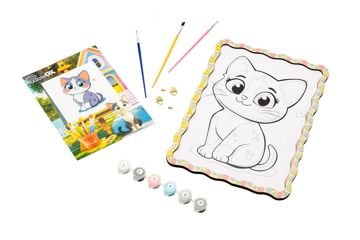 Игрушка развивающая разукраска из дерева PuzzleOK Котик с красками
