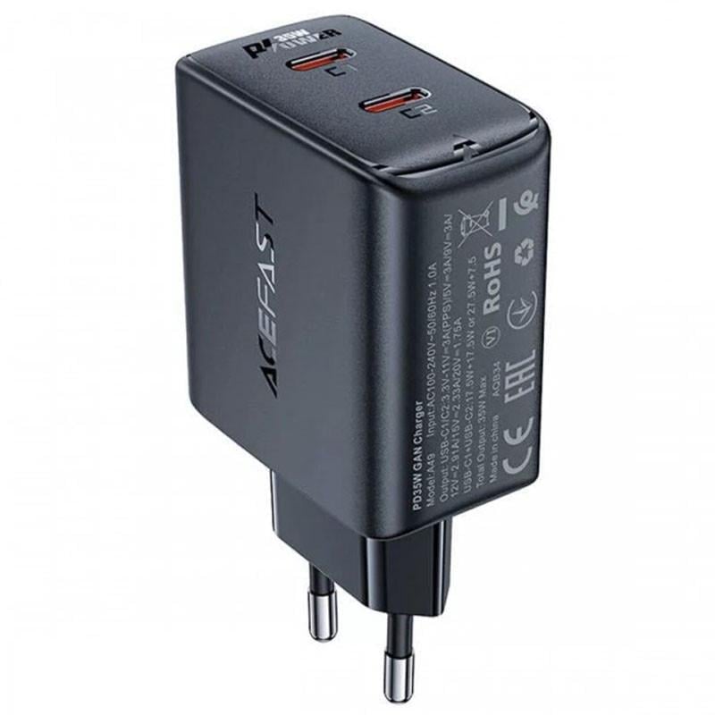 Зарядний пристрій мережевий Acefast A49 PD35W GaN 2USB-C Black (00000065891_1)