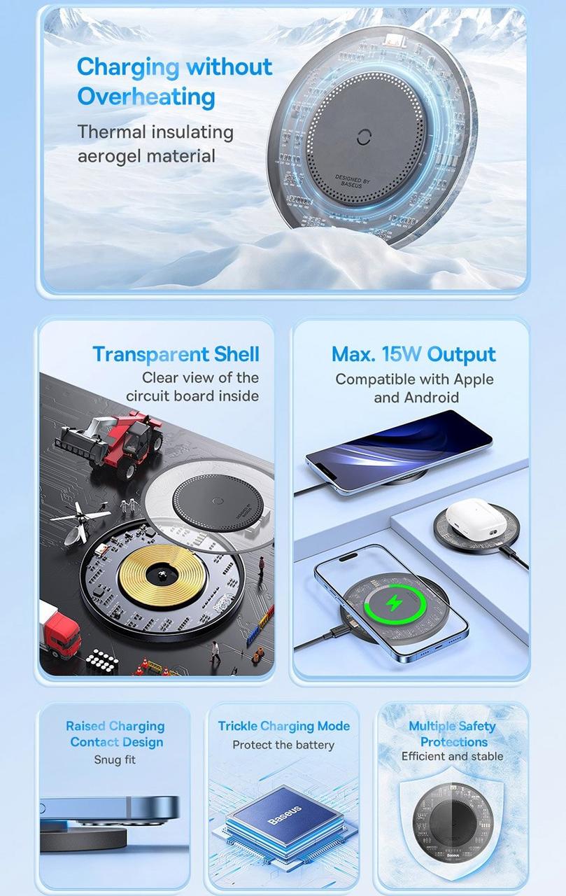 Зарядное устройство для беспроводной связи BASEUS Simple 15 W Transparent (25397342) - фото 7 Зарядное устройство для беспроводной связи BASEUS Simple 15 W Transparent (25397342) - фото 7