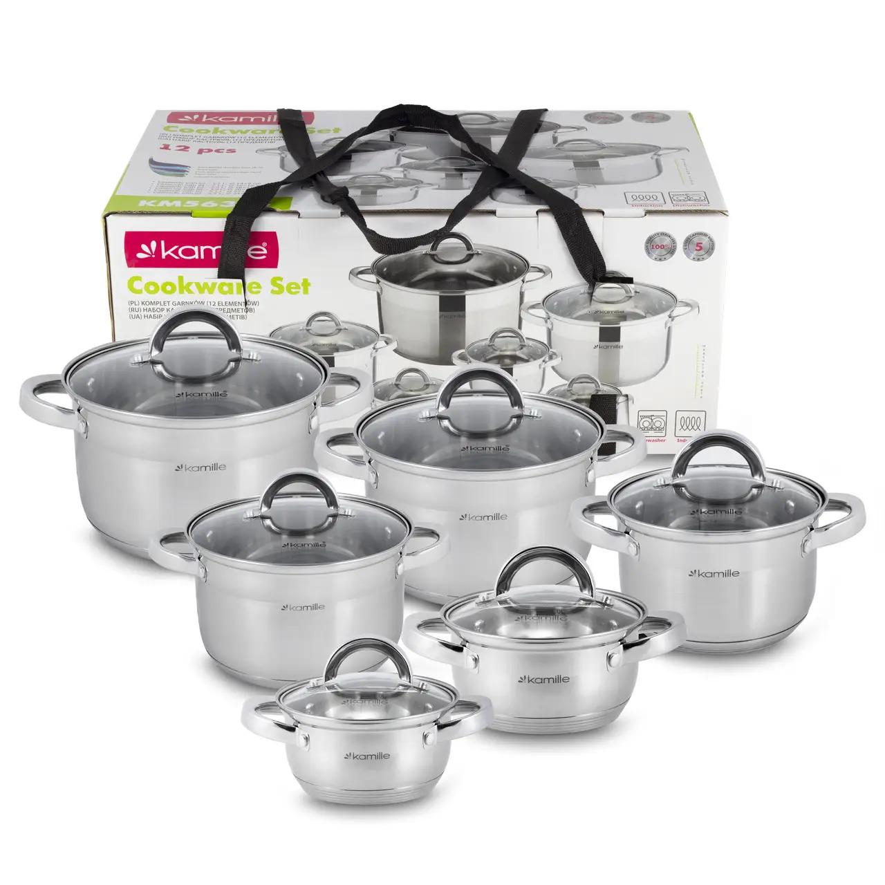 Набір каструль Kamille з нержавіючої сталі 1 л/1,8 л/2,5 л/3,8 л/4,5 л/6,5 л 12 пр. (KM-5638S)