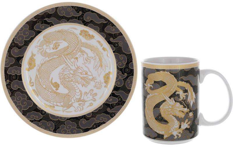 Набор чайный фарфоровый Дракон золотой на черной кружке 500 мл/тарелка Ø20 см (BD-K018)