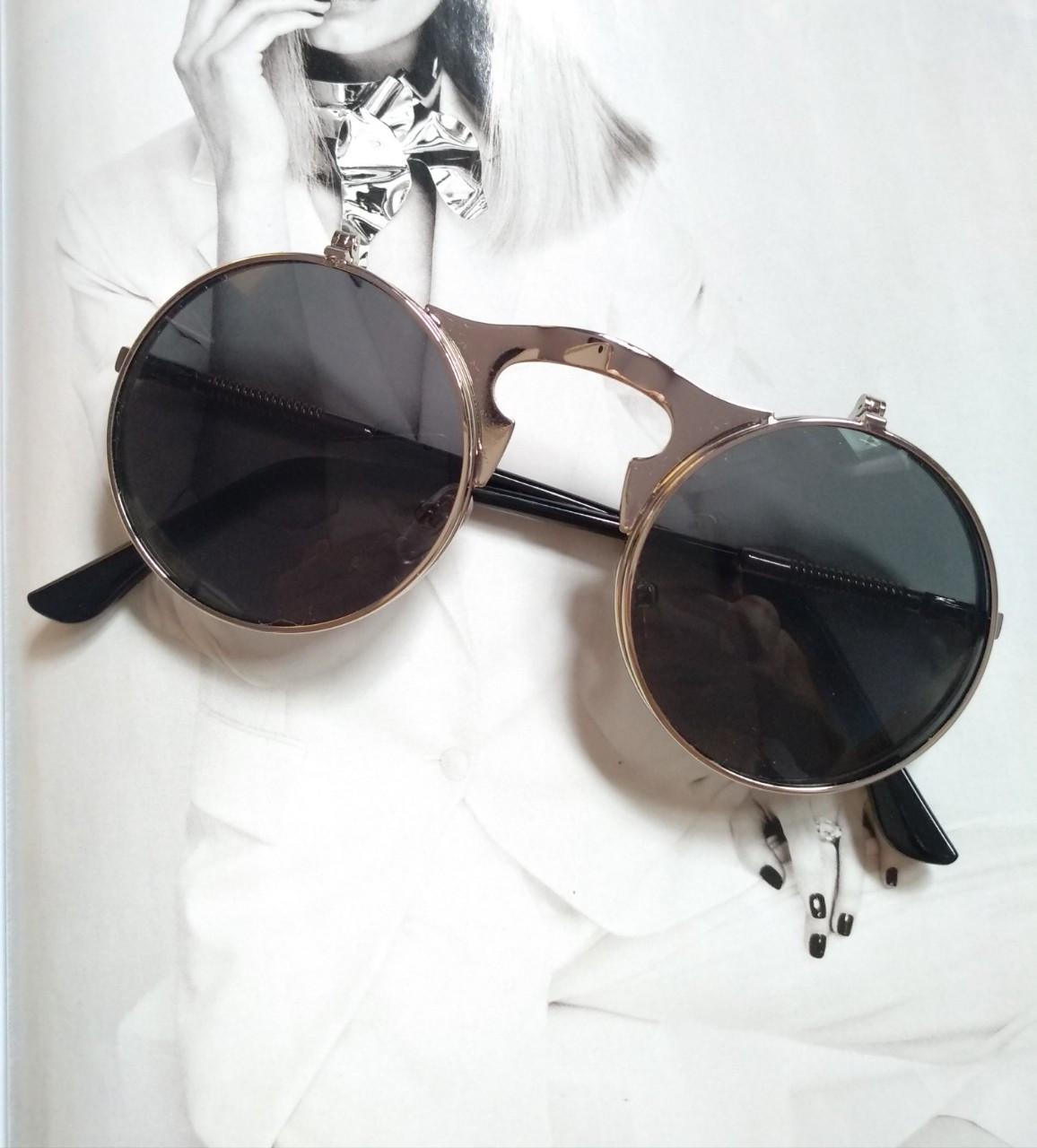 Очки круглые панк двойной флип Черный в серебре