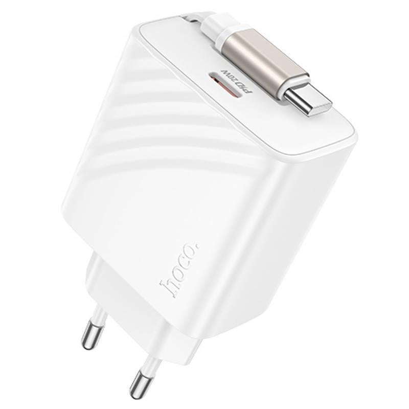 Зарядний пристрій мережевий Hoco N57 Full PD20W with retractable cable Type-C 2USB-C White (00000079072_2)