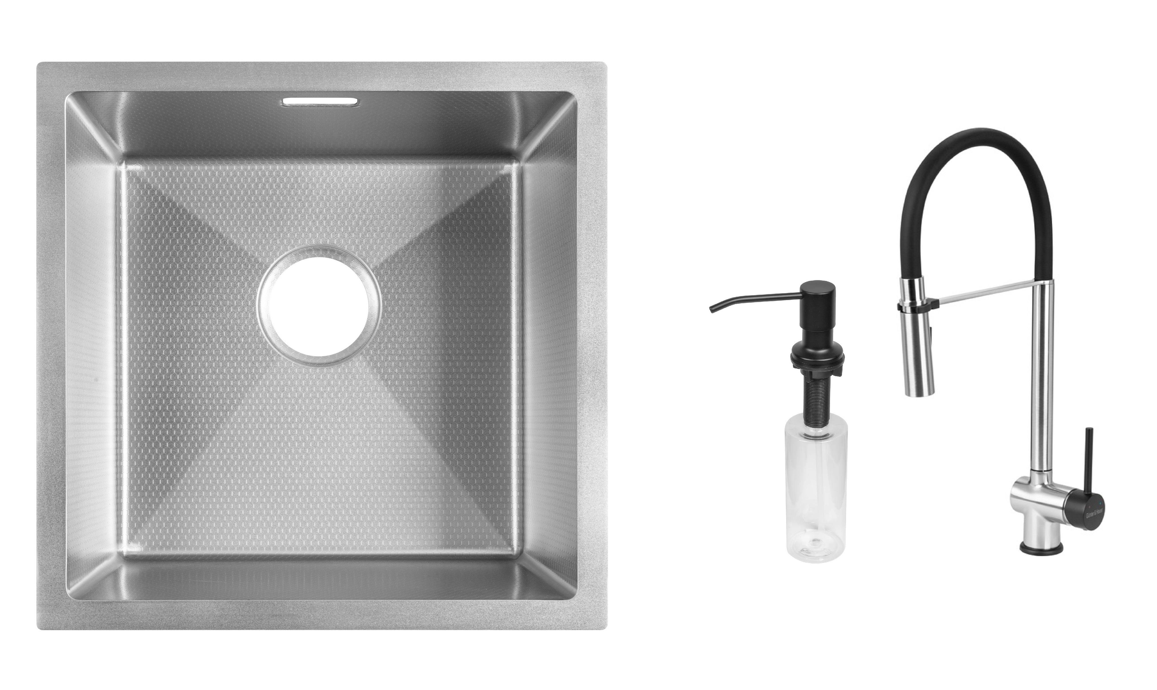 Комплект из кухонной мойки Gunter&Hauer Olef 4522 Inox Honey/смесителя EDEL Brush Black и дозатора SOAP DISPENSER Black (71333)