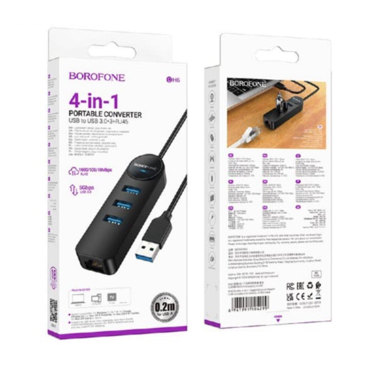 Адаптер Borofone DH6 HUB Erudite 4в1 Gigabit Ethernet Type-C to USB2.0 L 20 см Black (602988) - фото 3