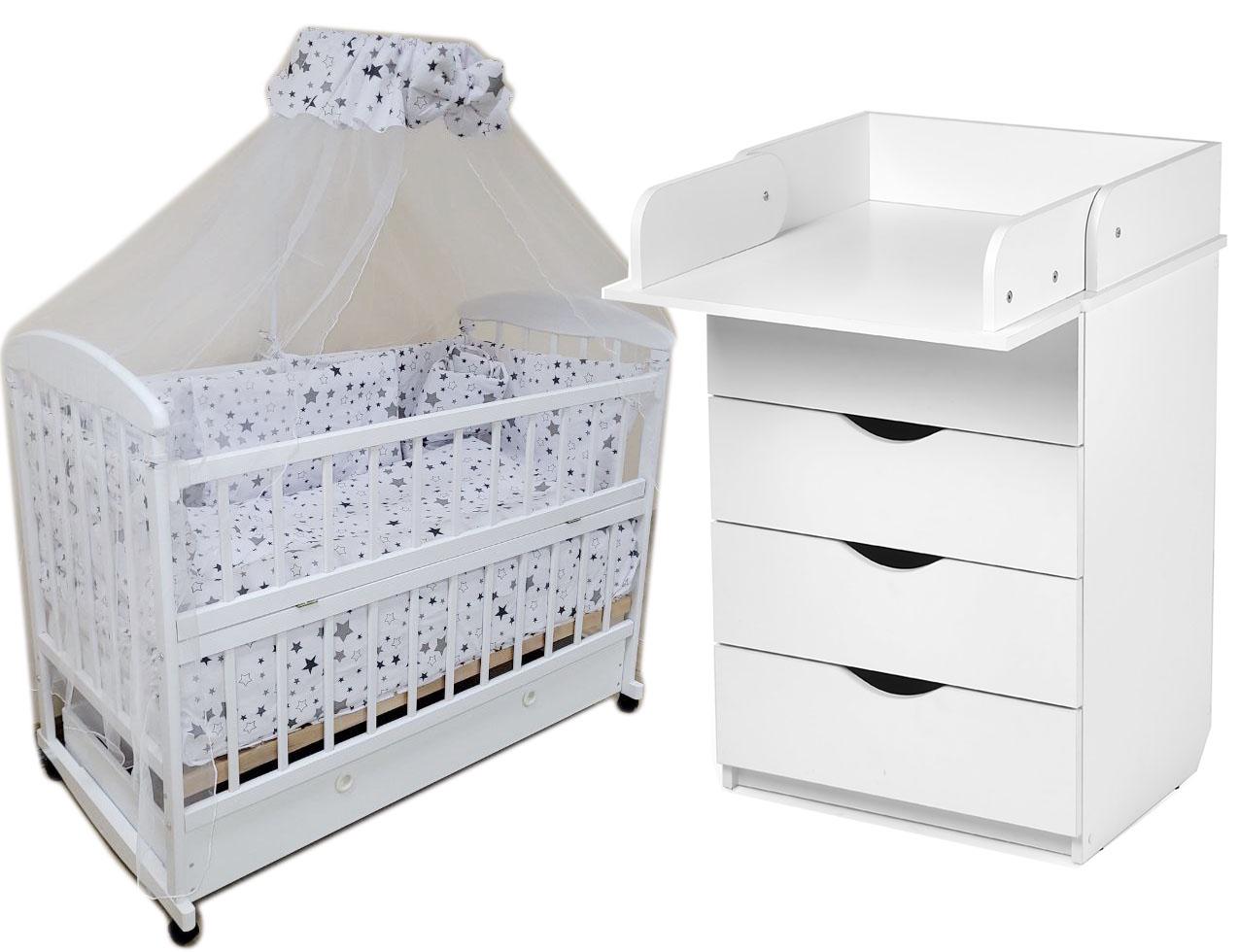 Комплект детской мебели Baby Наталка Карапуз комод/кровать/матрас/постельный набор 9 эл. Белый