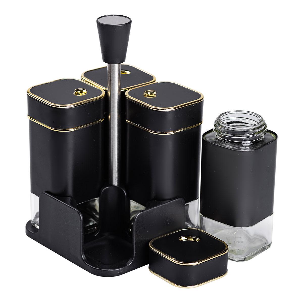 Набір для спецій на підставці HP-1306 4 шт. 10х10х17 см 120 мл Чорний (A-033681) - фото 3 Набір для спецій на підставці HP-1306 4 шт. 10х10х17 см 120 мл Чорний (A-033681) - фото 3
