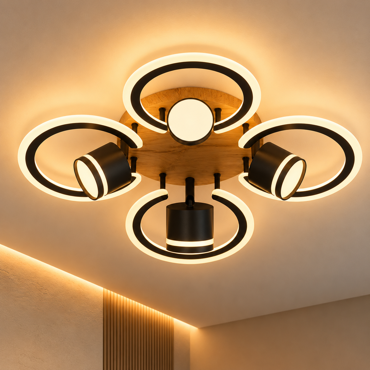 Люстра Valeso с поворотными плафонами под 4 лампы GX53 и LED кольцами 72W 3000-6500К Черный (LI9926B-4+4A)