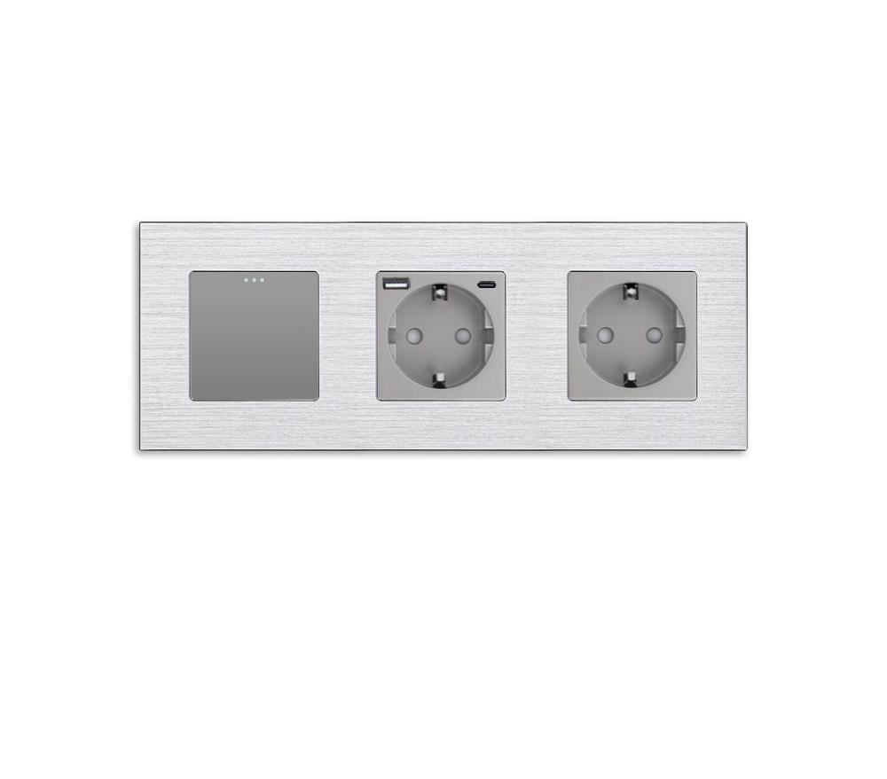 Выключатель проходной универсальный WALLPAD с розеткой USB A+C 20Вт с заземлением алюминий Серый