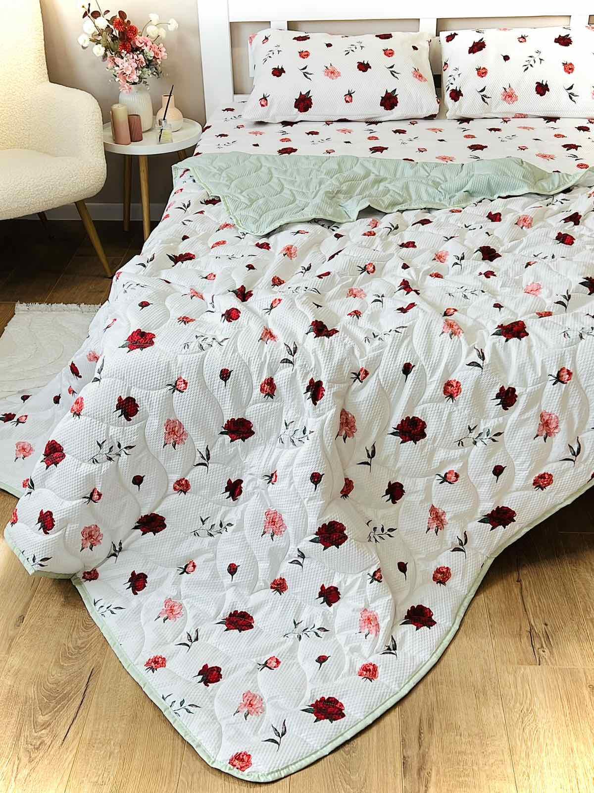 Комплект постільний жниварка з ковдрою з квітковим малюнком євро 200x215 см Білий (27477702)