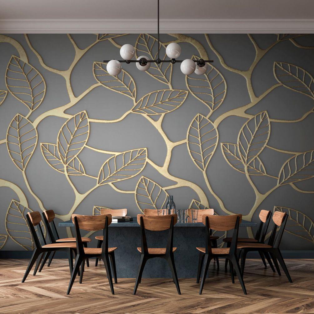 Фотообои виниловые Золотые листья на сером фоне 490x227 см (101WL)