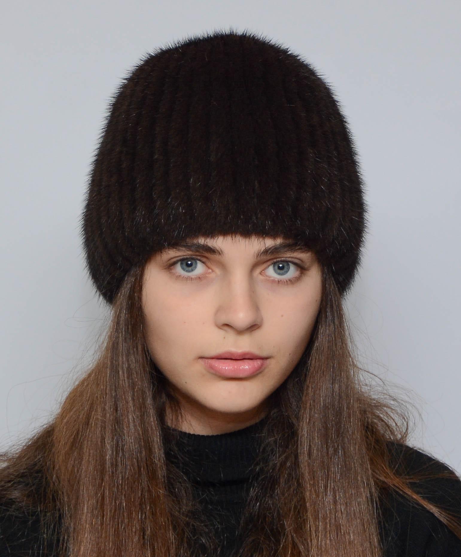 Зимняя шапка из вязаной норки Меховой стиль Шарик натуральный мех XL-XXL Коричневый (103/J)