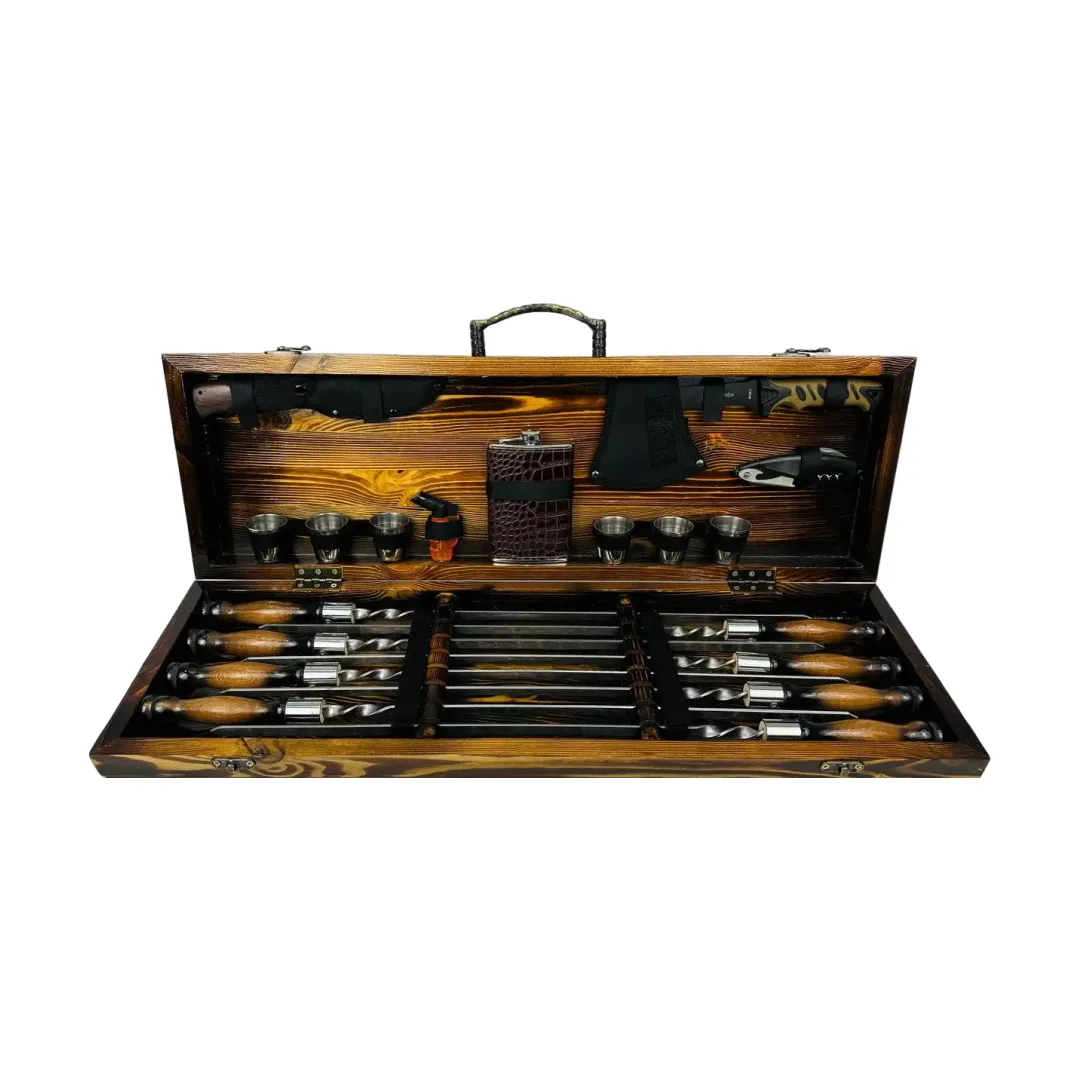 Набір шампурів у кейсі Мисливець LUX люксовий ящик дерев'яний з нержавіючої сталі (2-10-KS-7806)
