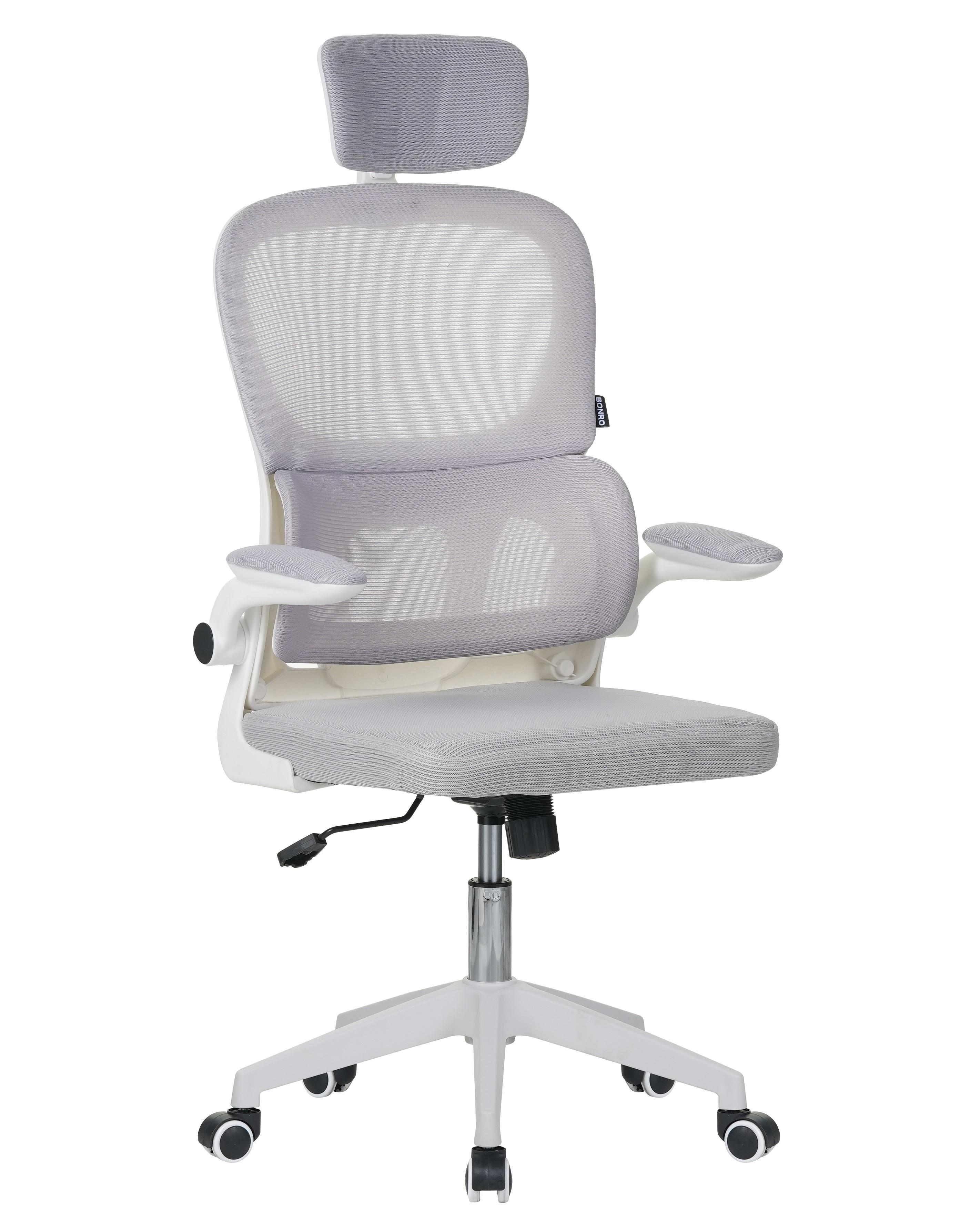Кресло офисное на колесах с подголовником Bonro B-122 Бело-серый (5232)