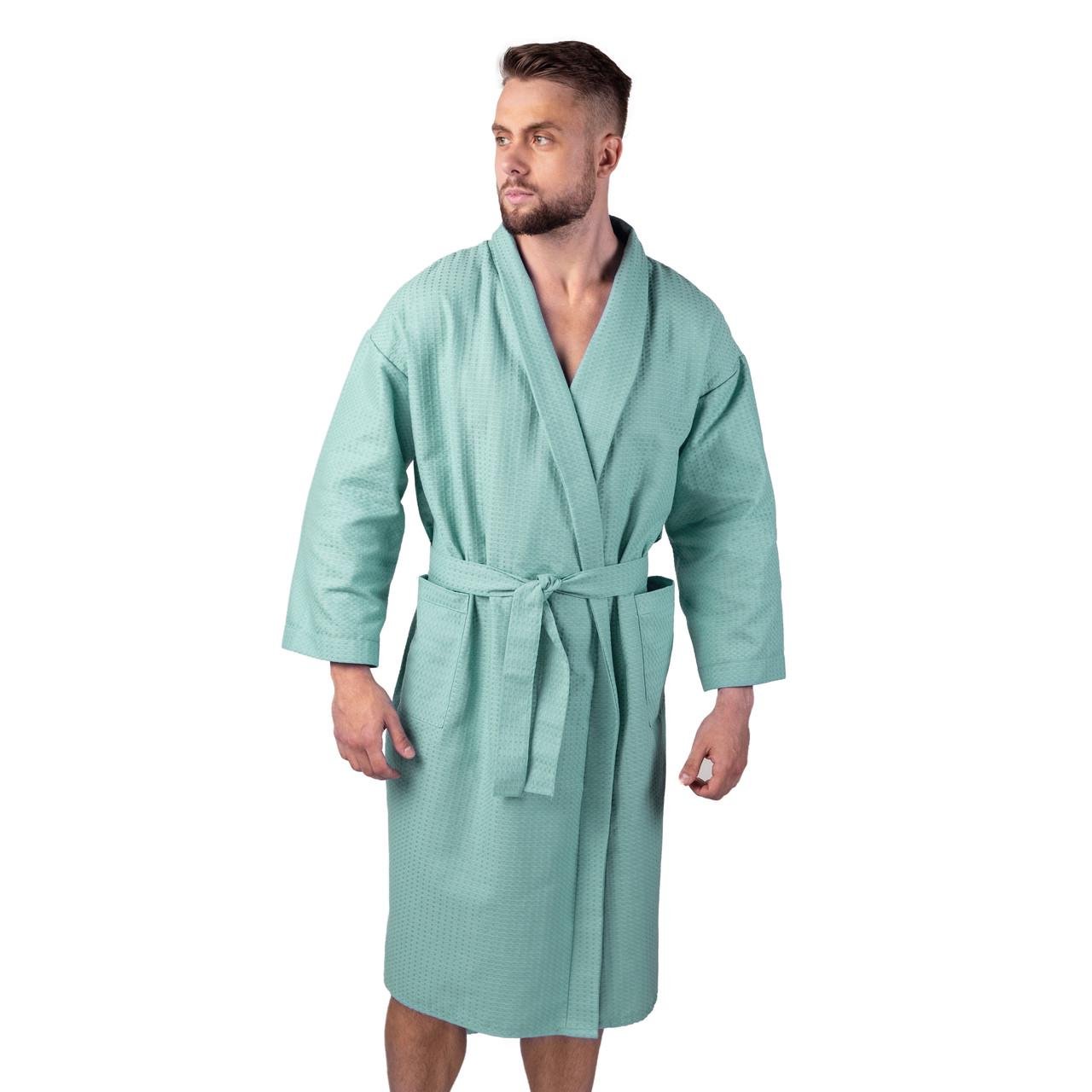 Чоловічий вафельний халат Luxyart Кімоно Men's Bathrobe 100% бавовна S Блакитний (LS-1652)