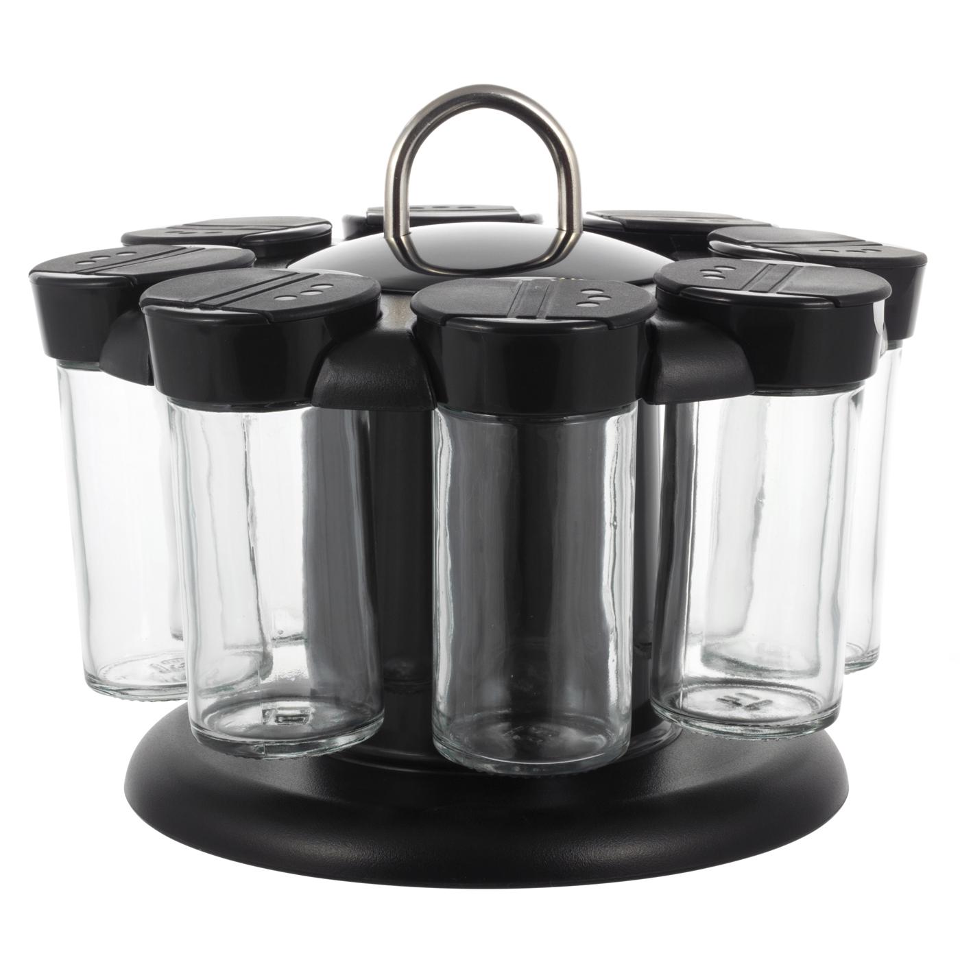 Набор емкостей для специй Kamille KM-7050 из нержавеющей стали, пластика и стекла на круглой подставке 21х11 см 8 шт. Черный (150-84-7050)