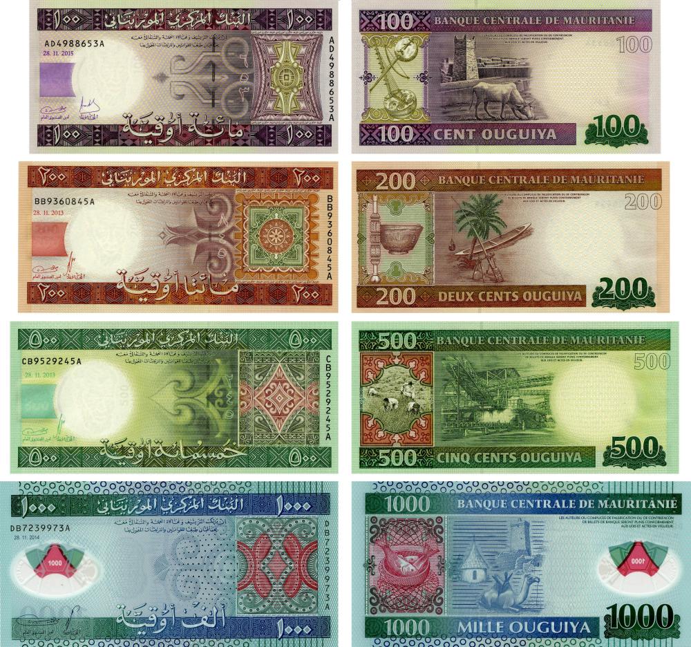 Коллекционная банкнота Мавритания набор из 4 банкнот 2013-2015 UNC 100/200/500/1000 угий (Б19410)