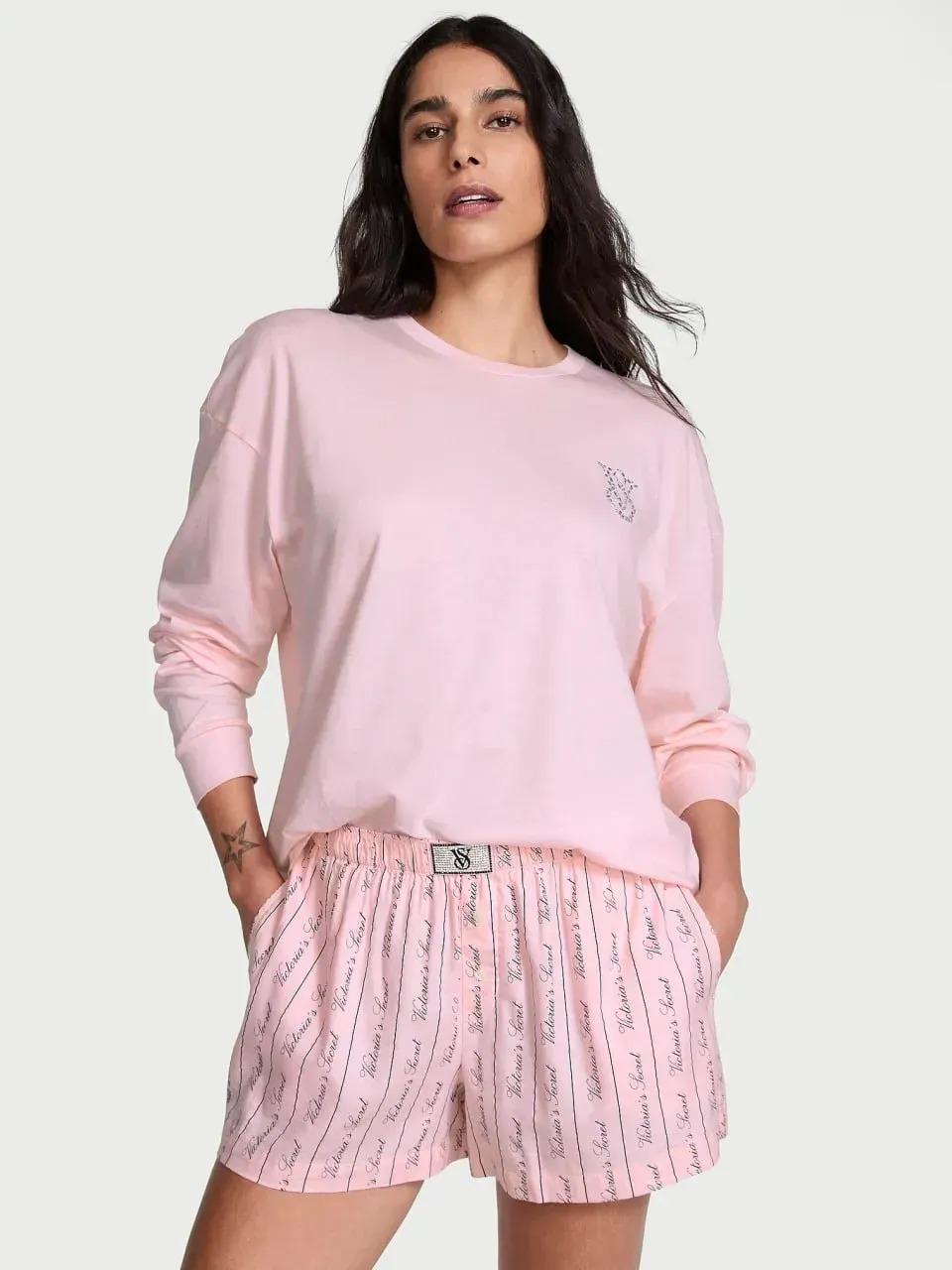 Пижама фланель Victoria's Secret Flannel Long-Sleeve Short Tee-Jama Set Pink L Розовый (2671464D)