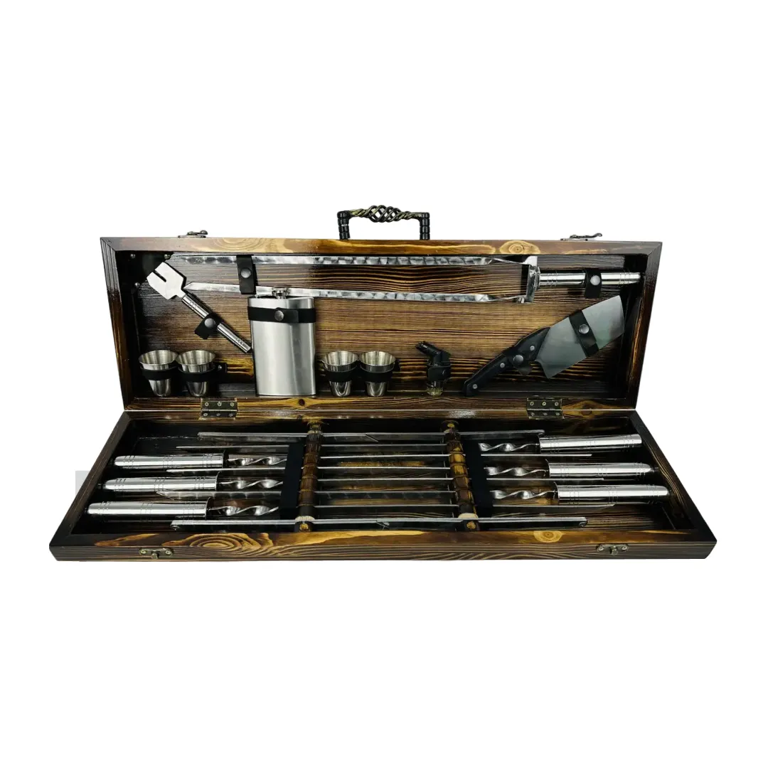 Набір шампурів у кейсі Срібло MAX люксовий на шкіряних ременях дерев'яний з нержавіючої сталі (2-10-KS-7904)