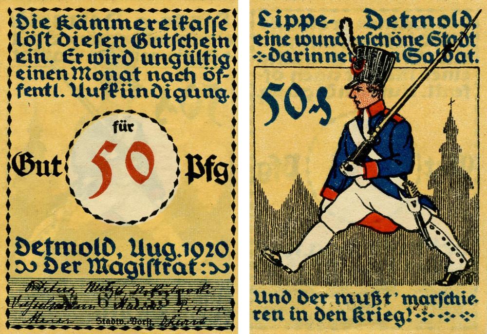Коллекционная банкнота Германия Нотгельд 50 пфеннигов 1920 F-VF Детмольд Разновидность 2 (Б18832)