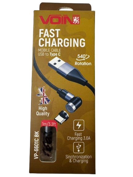 Кабель магнітний шарнірний Voin USB-Type C 3А швидка зарядка/передача даних 1 м Black (VP-6601C BK)