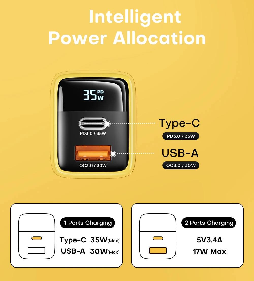 Зарядное устройство Veron TC-35 GaN 35W PD+QC Type-C USB-A с дисплеем Желтый (777650) - фото 5