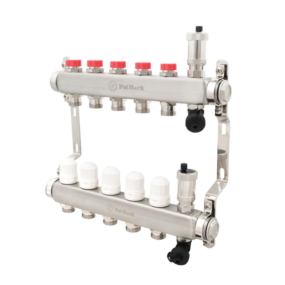 Коллектор Polmark 1"х3/4" 5 выходов с воздухоотводчиком с термоклапанами без евроконусов (SW-89252)