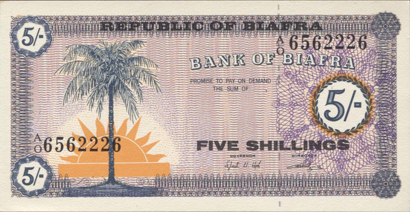 Колекційна банкнота Біафра 1968 5 шилінгів P1 UNC
