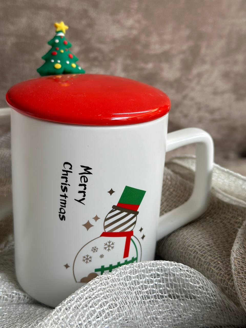 Чашка новорічна Christmas tree фарфор з кришкою та ложкою 360 мл (R33367-1)