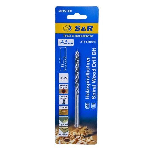 Сверло по дереву спиральное S&R Meister 4,5х75 мм (216820045)