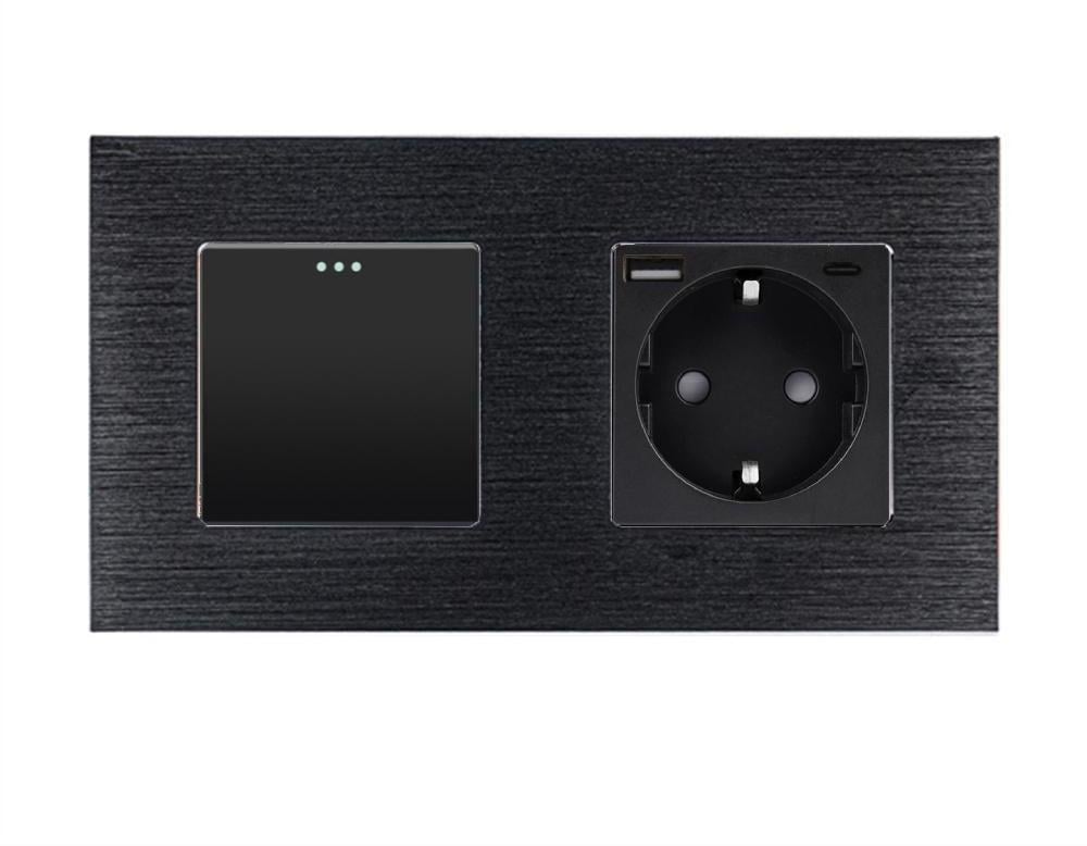Выключатель проходной универсальный WALLPAD с розеткой USB A+C 20Вт с заземлением алюминий Черный