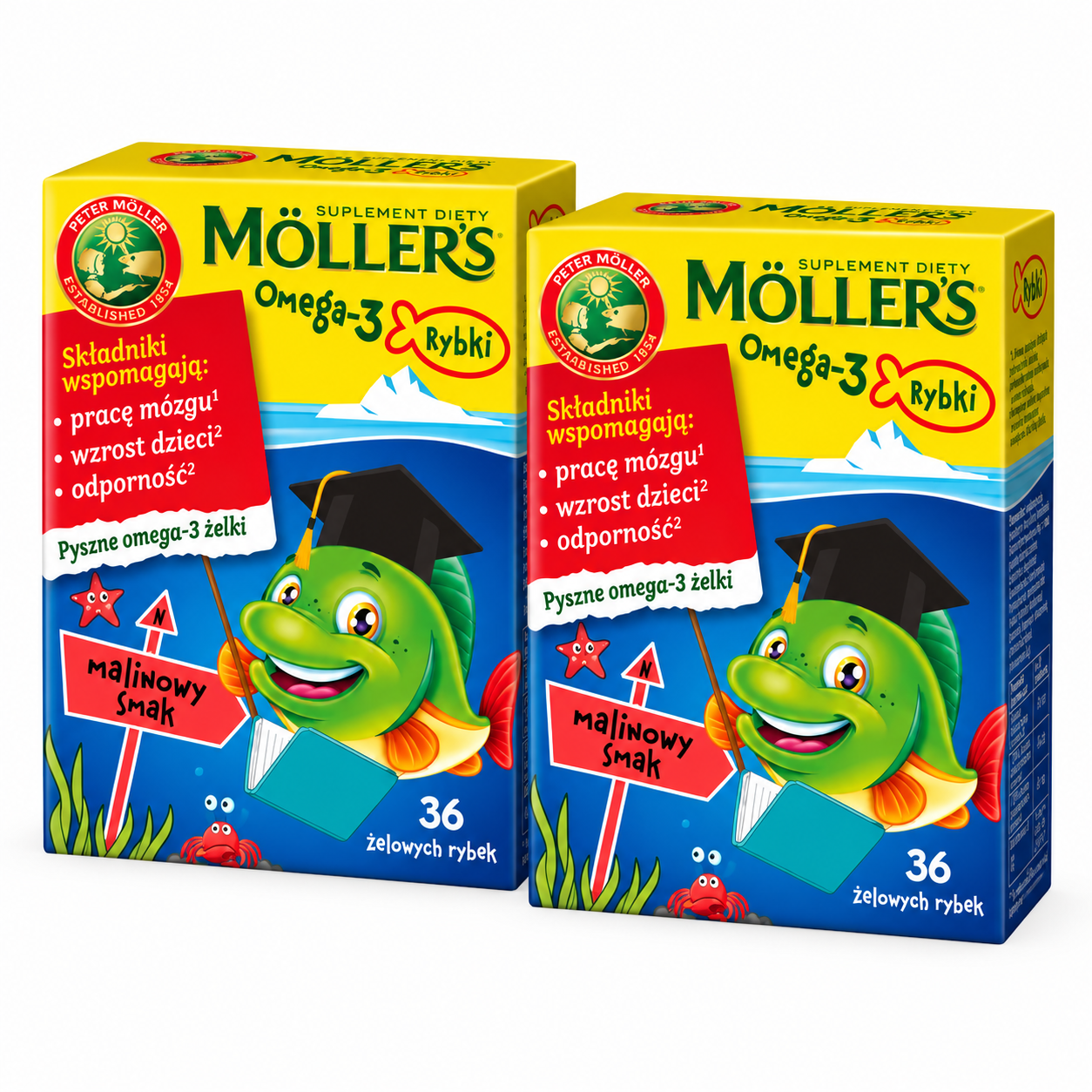 Комплект Omega-3 для детей Mollers Рыбки жевательные DHA EPA с витамином D3 малиновый вкус 2 шт./36 ед. (37854088)