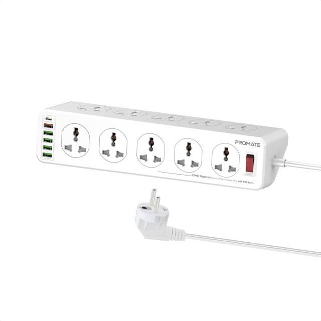 Мережевий фільтр Promate 16-в-1 PowerMatrix-5M 10 розеток 1хUSB-C PD 1хUSB-A QC 3.0 4хUSB-A 5 м White - фото 1