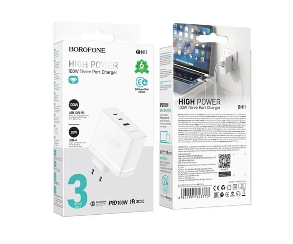 Устройство сетевое зарядное Borofone BN11 High Power PD100W/30W 5A White - фото 3 Устройство сетевое зарядное Borofone BN11 High Power PD100W/30W 5A White - фото 3