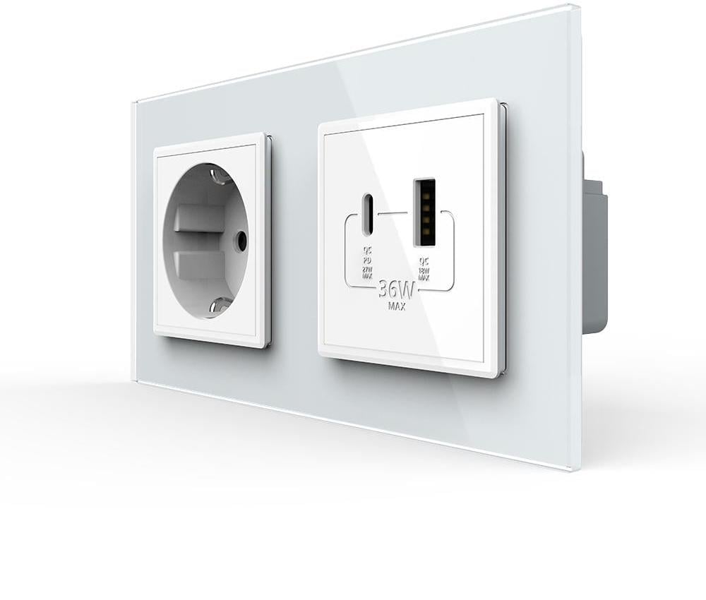 Розетка настенная LIVOLO с USB-A/USB-C Power Delivery 36W дизайнерская стеклянная рамка Белый (VL-C7FCTC16A/FCUA18W.UC18W-4WP)