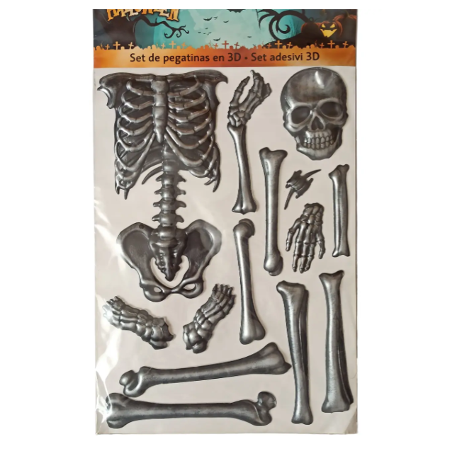 Наклейка для Хэллоуин 3D Скелет 50x30 см Серебристый (088404)
