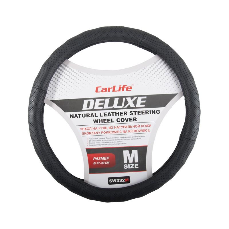 Чехол на руль CarLife Delux кожаный 37-39 см Черный (SW332M)