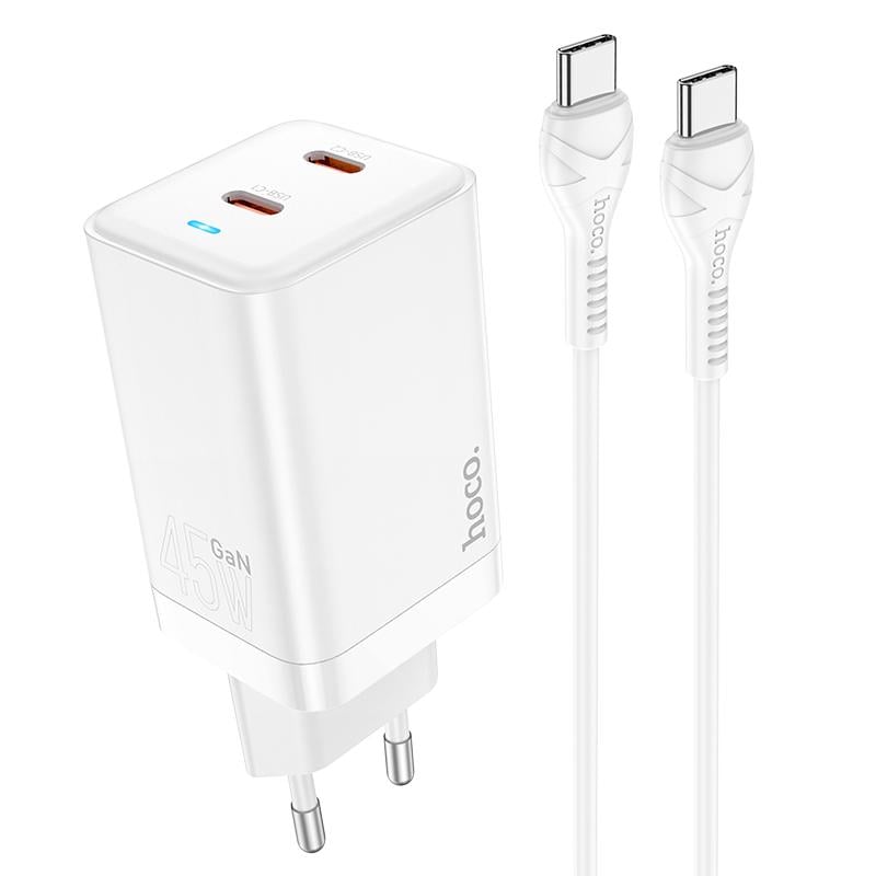 Зарядное устройство сетевое Hoco N23 Astral PD45W dual port 2USB-C charger set Type-C to Type-C cable White