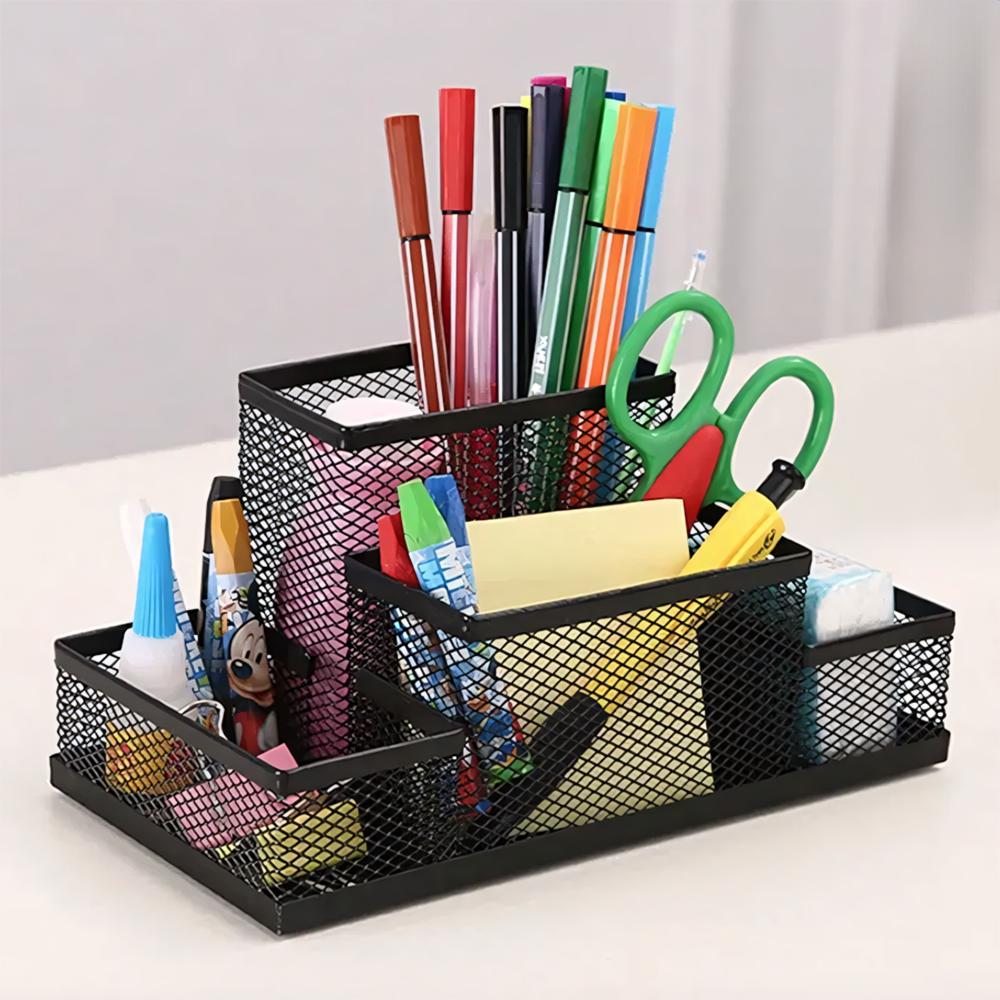 Органайзер настольный металлический для канцелярии Сетка 15х10х10 см 4 отделения Черный