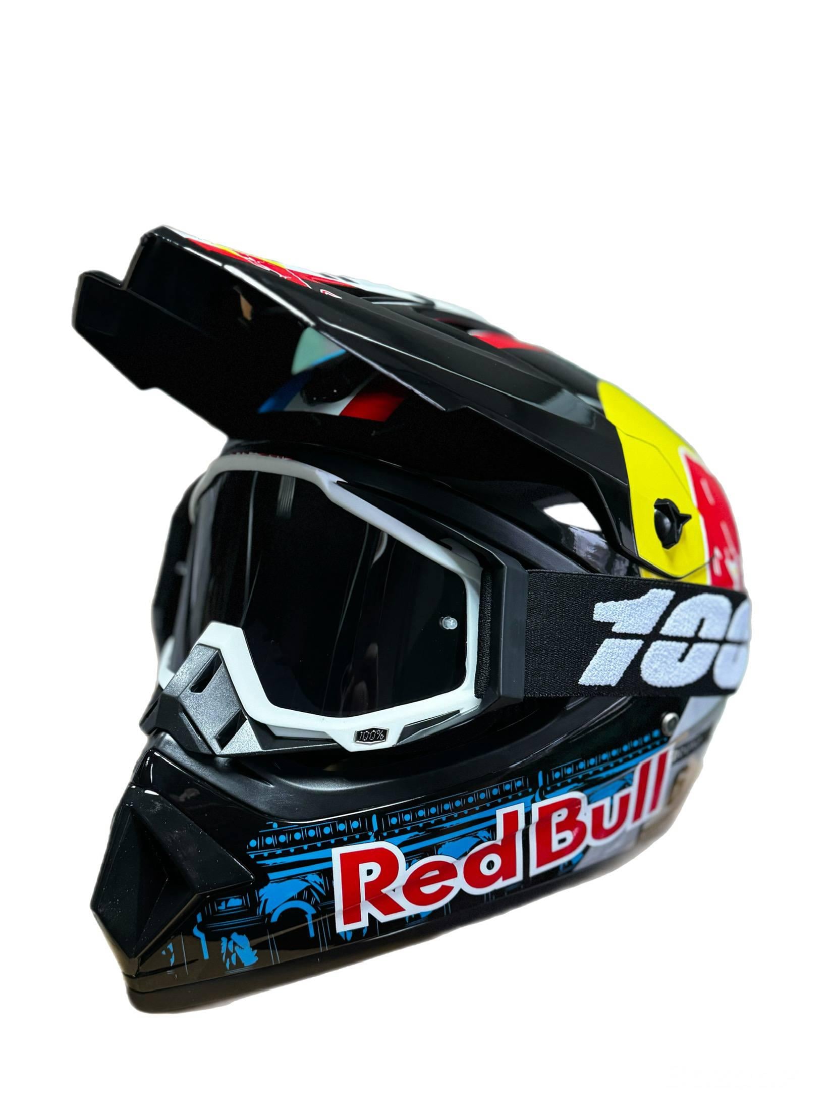 Мотошлем эндуро кроссовый Red Bull S и очки Profi 100% Черно-белый (0207)