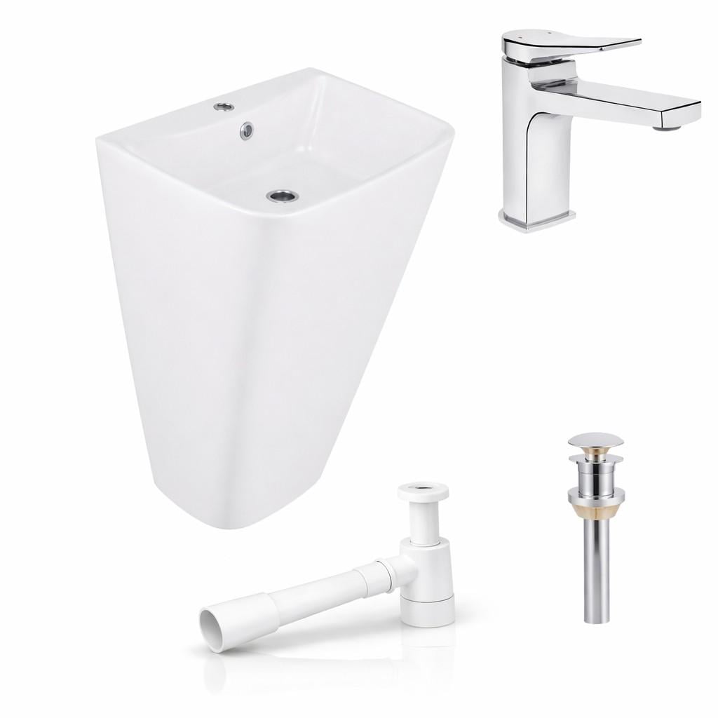 Комплект Qtap Tern 440×380 White підлогова раковина моноблок/змішувач Nando Chrome/донний клапан PU02O/сифон (47320/48649)