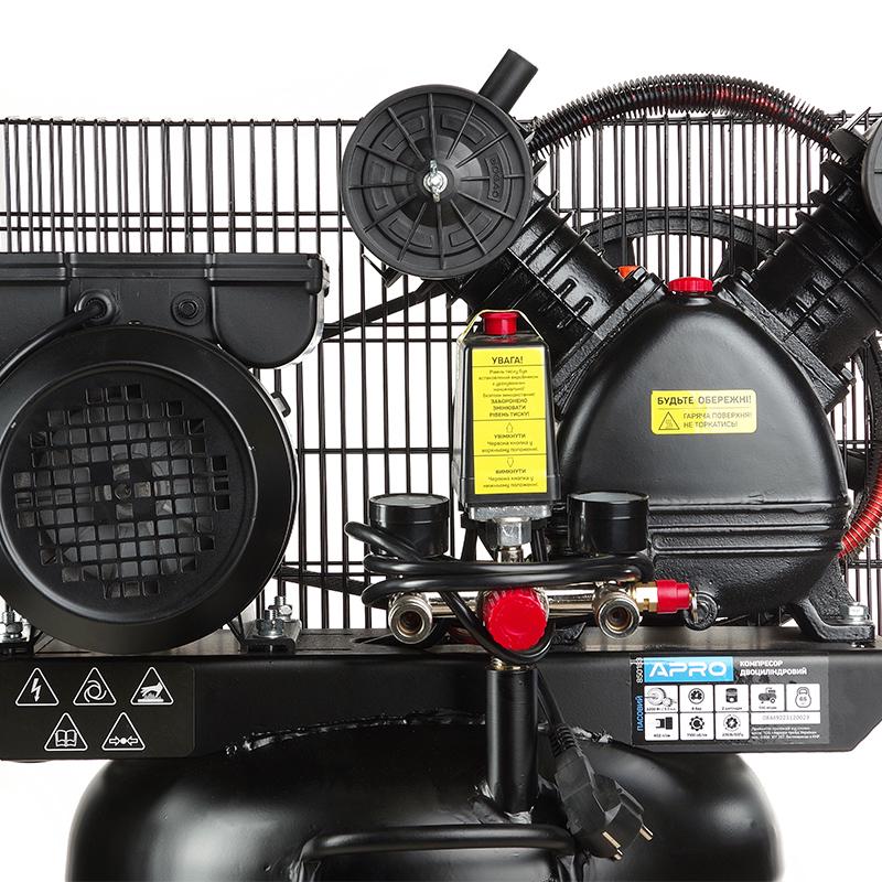 Компрессор Apro двухцилиндровый ременный вертикальный OFBD-100V 8 Бар 2,2 кВт 402 л/мин 100 л 2 крана с маслом 0,5 л (850183) - фото 7