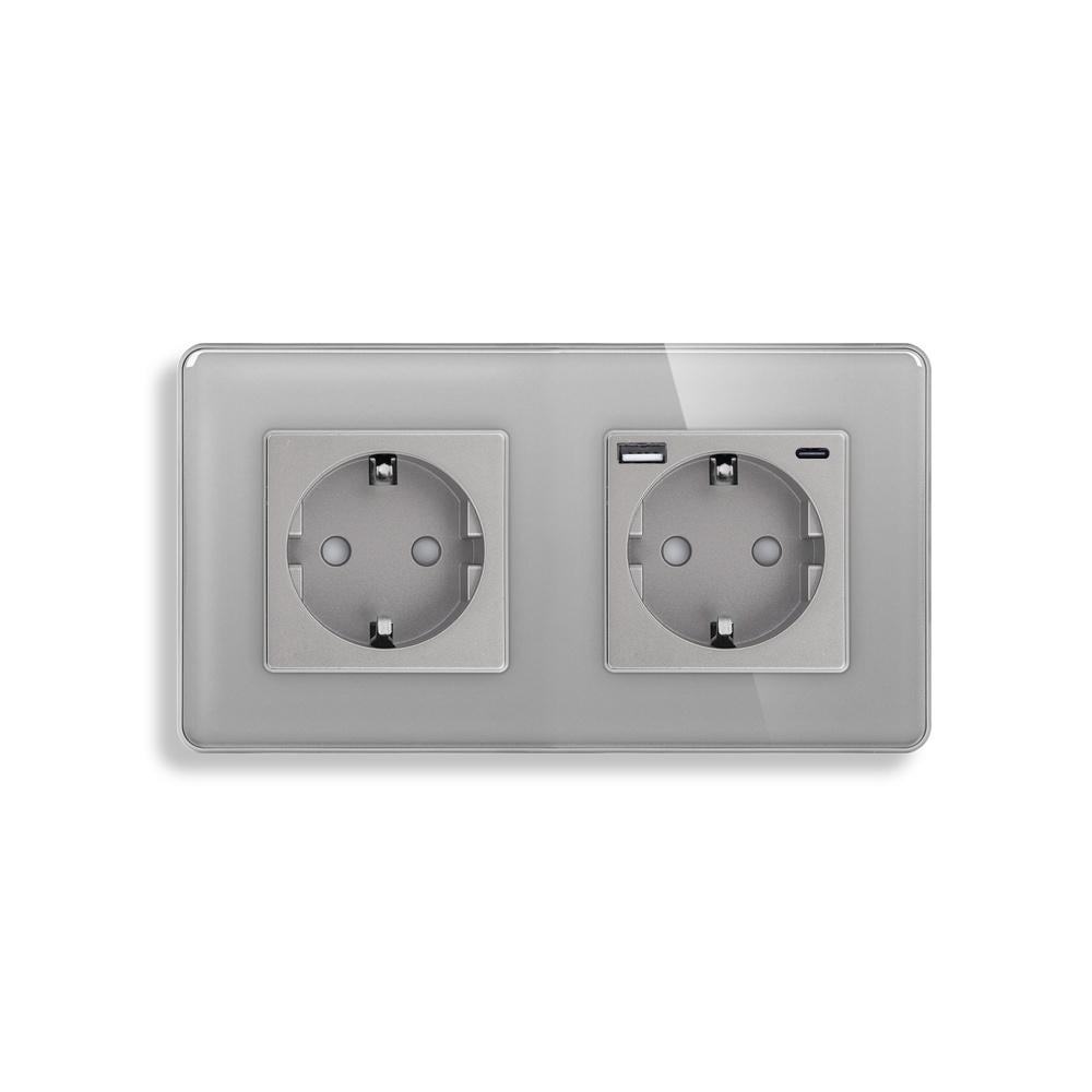 Розетка двойная ELIOS с USB A+C 20Вт с заземлением/шторками 250В 16А стеклянная рамка Серый (TW-M2FGAC-GY)