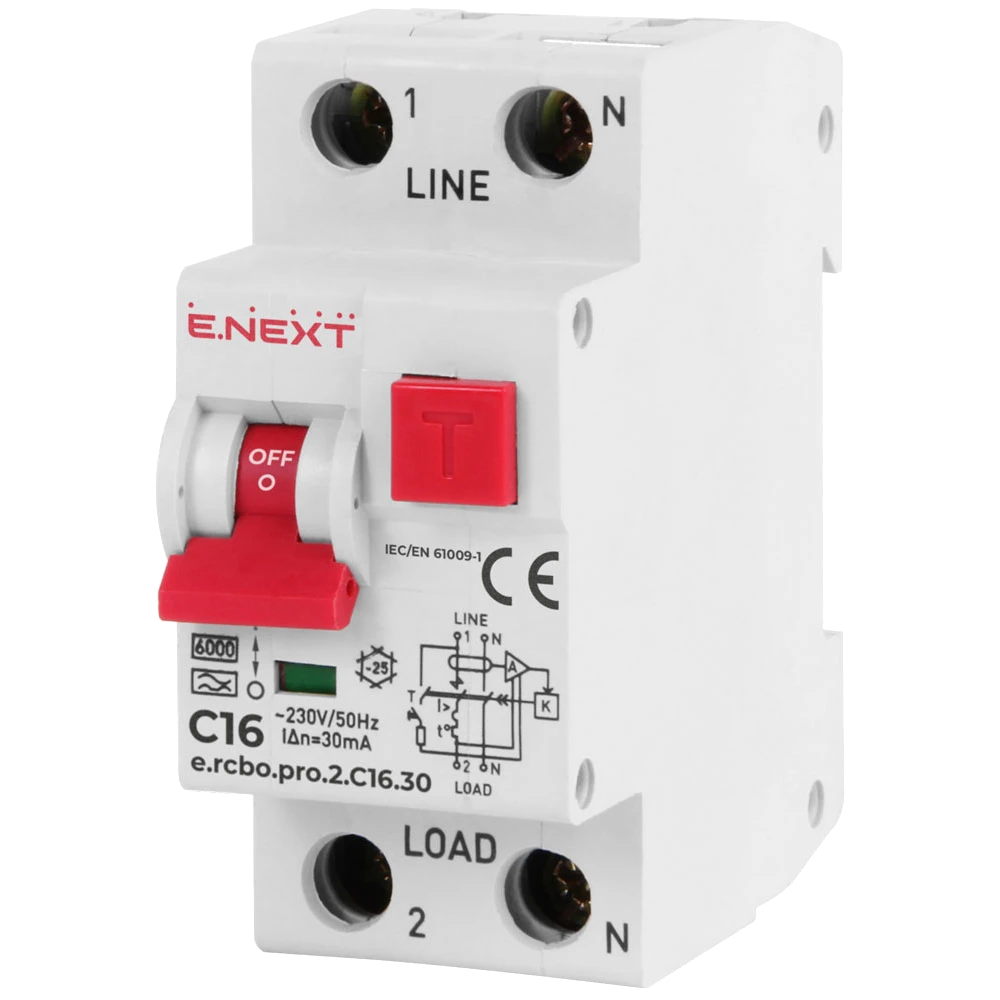 Выключатель дифференциального тока с защитой от сверхтоков ENEXT 1P+N 16А С тип А 30 (99-00021472)
