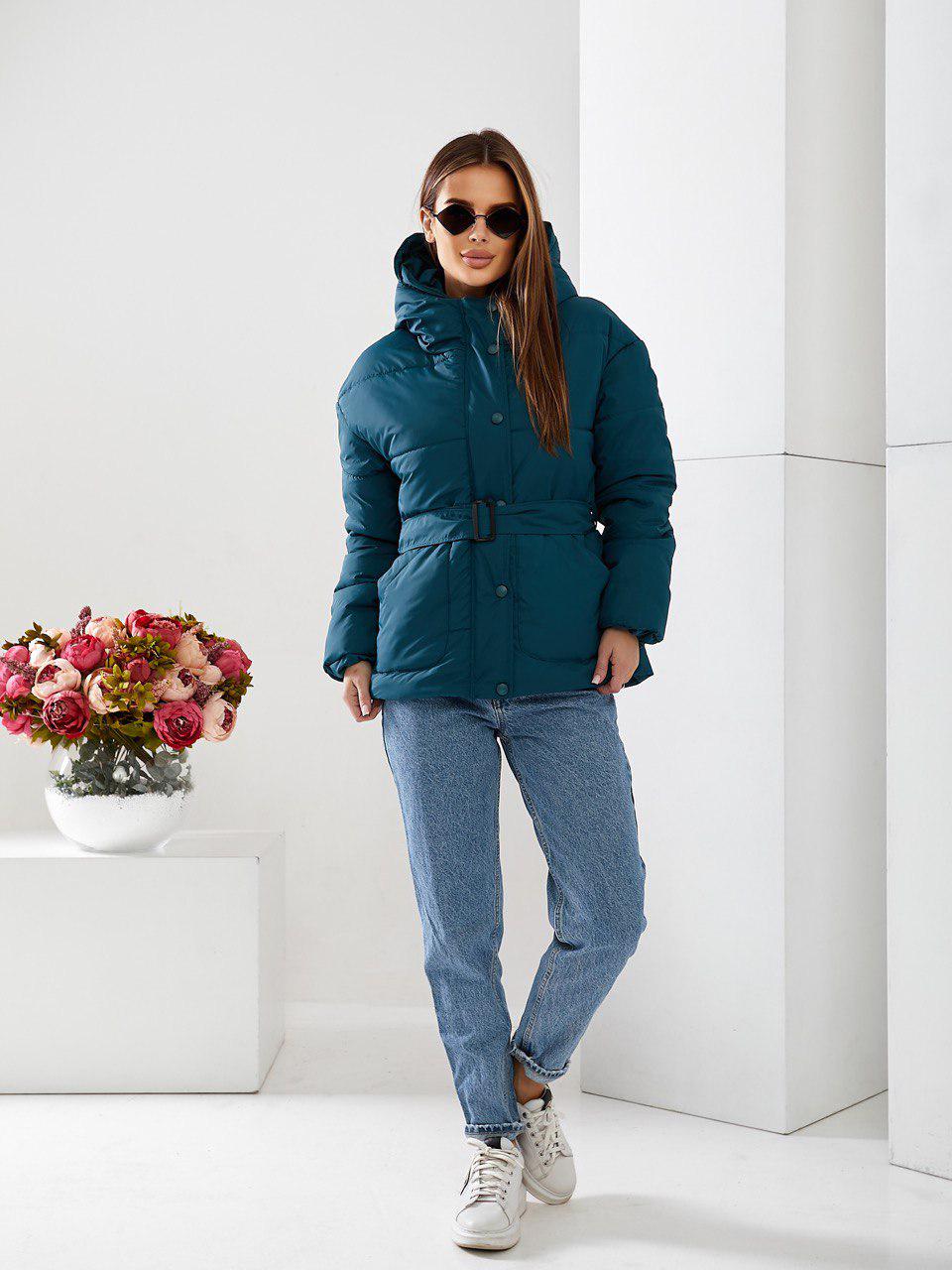 Куртка демісезонна коротка Khan з поясом р. 42 Аква (Kh332) - фото 5